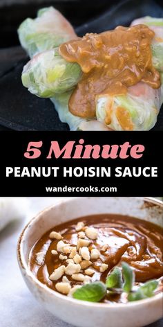 five minute peanut hoisin sauce in a white bowl with lettuce and cashews