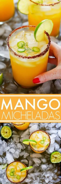 two glasses filled with mango margaritas and garnished with lime slices on ice