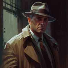 a painting of a man wearing a hat and trench coat