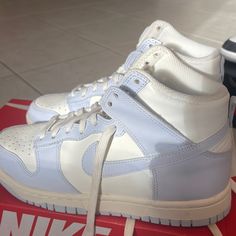 Worn Once Comes In Box Perfect Condition Light Blue, White Cute Shoes Nike, Hightop Sneakers, Cute Sneakers, Dunk High, Nike Shoes Women, Blue Nike, Grey Color, Shoes Women, Nike Shoes