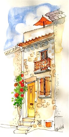 a watercolor drawing of a house with an orange door and red flowers on the balcony