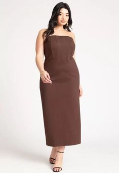 Corset Column Dress - Bodycon Strapless Midi, Rich Brown | Eloquii Wrap Dress Casual, Linen Slip Dress, Plus Size Corset, Midi Slip Dress, Column Dress, Midi Shirt Dress, Dress 16, Women Corset, Faux Wrap Dress