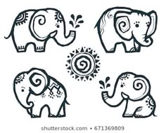 four elephants with different designs on their backs and tusks, one in the shape of an elephant