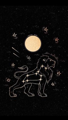 the leo zodiac sign with stars and moon in the sky above it, on a black background