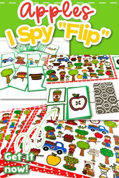 the apple's i spy flip game is shown with pictures and words on it