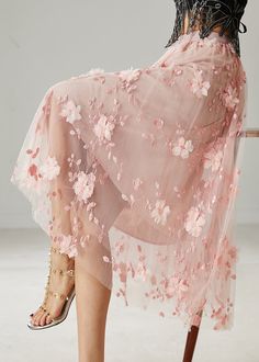 Pink Floral Tulle Beach Skirts Embroidered SummerFabric: TulleSize & Fit: This garment fits true to size.Length: Size 2XL measures 30.81"from waist to hem.Waist:Fitted - elastic waist allows stretch Hip: Loosely Fitted. room for hips. Hand Wash Cold.