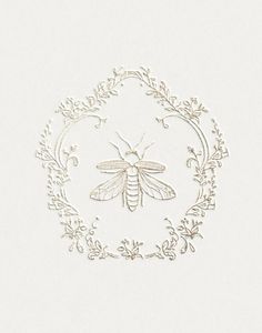 a drawing of a bee in a circle surrounded by vines and leaves on a white background