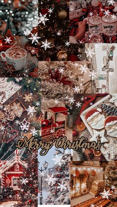 a collage of christmas images with snowflakes and other holiday items in the background