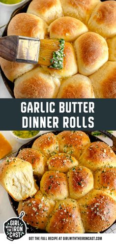 garlic butter dinner rolls in a cast iron skillet