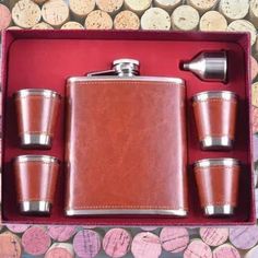 Gift Set with Brown Hip Flask 530ml Leather Shot Glasses, Funnel Limited Edition Leather Hip Flask Holder, Volumetric Flask, Whiskey Flask, Leather Flask Hord Leather-goods, Liquor Flask, Leather Flask, Hip Flask, Shot Glasses, Leather Cover