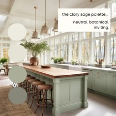 a large kitchen with lots of windows and wooden counter tops, along with bar stools