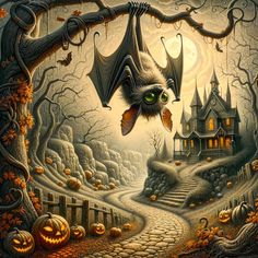 a painting of a bat flying over a house with pumpkins on the ground in front of it