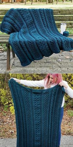 there is a woman holding up a blue knitted blanket in front of a bench