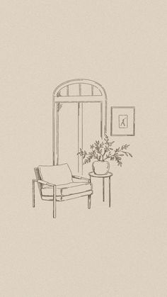 a drawing of a living room with a chair and table next to a vase filled with flowers