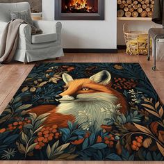 a living room area with a fireplace and rugs on the floor that has an image of a fox