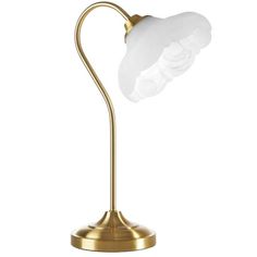 a brass table lamp with a white glass shade on the base and a gold metal stand