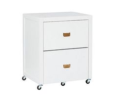 a white cabinet with two drawers sitting on top of it's casteor wheels