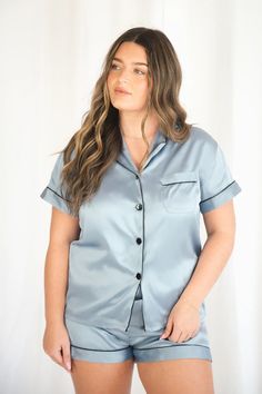 Baby Blue with Black Trim Satin Pajamas – Spikes and Seams Blue Pajamas, Sorority Outfits, Pajama Robe, Delicate Design, Satin Pajamas, Contrast Piping, Sleep Shirt, Wedding Matches, Mens Pajamas