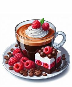 a painting of a cup of coffee with whipped cream, raspberries and chocolate