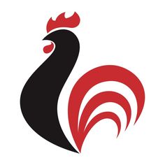 the rooster logo is black and red with a white stripe on it's tail