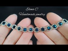 two handmade bracelets with blue stones in the shape of hearts on each side