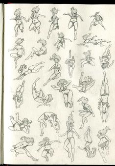 an open book with drawings of people doing different poses