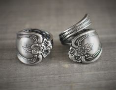 *Handcrafted stainless steel spoon ring made from actual upcycled flatware *Choose coil (Right) or overlap (Left) for wrapping options *Add custom engraving or stamping to this order by purchasing this listing also: https://www.etsy.com/listing/555848954 *For jewelry made from your own flatware, go here: https://www.etsy.com/listing/171731477 Thanks for looking and God bless! Silverware Rings, Fork Ring, Vintage Spoon Rings, Coil Ring, Silver Spoon Ring, Silverware Jewelry, Engraved Ring, Vintage Spoons, Retro Ring