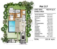 the floor plan for an apartment with swimming pool and garden area in front of it