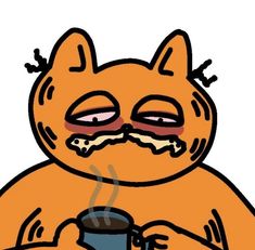 an orange cat holding a cup of coffee