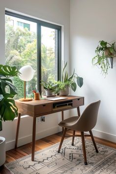 a room with a desk, chair and potted plants on the window sill