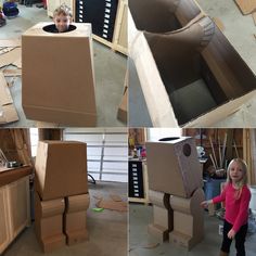 several pictures of children playing with cardboard boxes