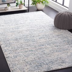 a white and blue rug in a living room next to a window with potted plants