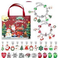 a christmas bag with lots of charms on it and other items in front of it