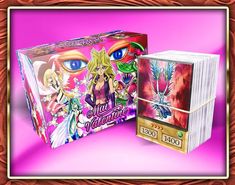 an image of two boxes with anime characters on them in front of a pink background