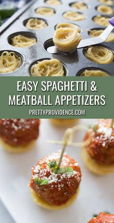 easy spaghetti and meatball appetizers with text overlay