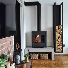 a wood burning stove in the corner of a room