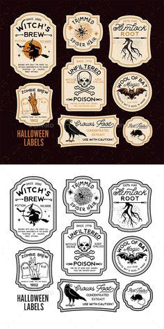 halloween labels with bats and witches on them