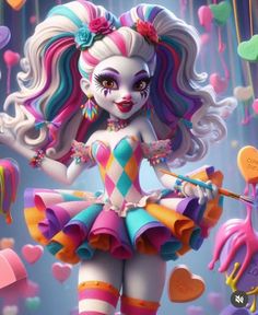 a cartoon character dressed as a clown holding a candy cane in front of balloons and confetti