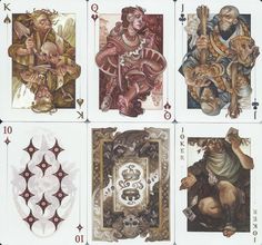 four playing cards with images of people and animals on them, all in different colors