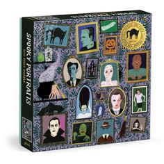 a puzzle box with many different pictures on the front and back cover, including people's faces