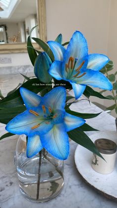 three blue flowers in a vase on a marble table top next to a candle holder