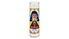 a candle with an image of the virgin mary