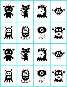 black and white monsters are arranged in squares