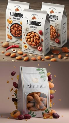 three bags of almonds on top of each other with the words almonds in them