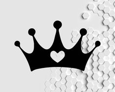 a black and white crown with hearts on the top, against a hexagonal background