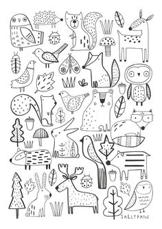 a black and white drawing of many different types of animals, plants and trees in the shape of a rectangle