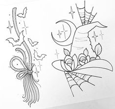 two drawings of flowers and bats on a white paper background, one is black and the other is white