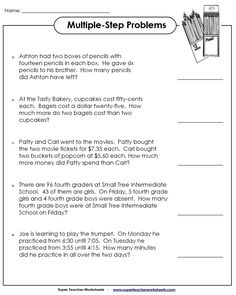 the worksheet for multiple step problems is shown in black and white, which includes two