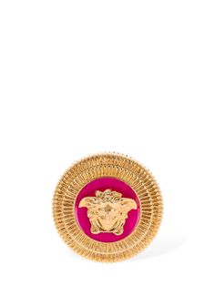 Gold-colored metal. Enamel . Logo detail . Nickel free Versace Gold, Thick Ring, Versace Jewelry, Pink Ring, Ski Wear, Ring Gold, Charm Earrings, Womens Jewelry Rings, Hair Jewelry