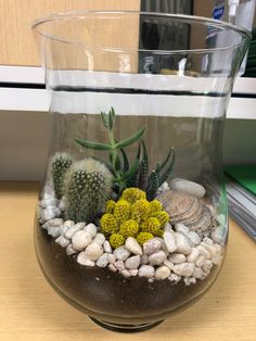 a glass vase filled with rocks and plants